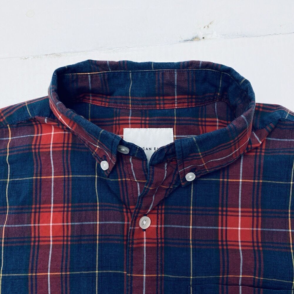 American Eagle Shirt Men Small Red Blue Plaid Classic Fit 100% cotton
